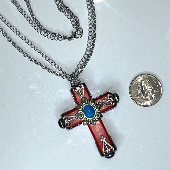 Sweet Romance Designer Gemstone Cross Double Chain Stainless Steel Necklace Boho - Picture 9 of 10